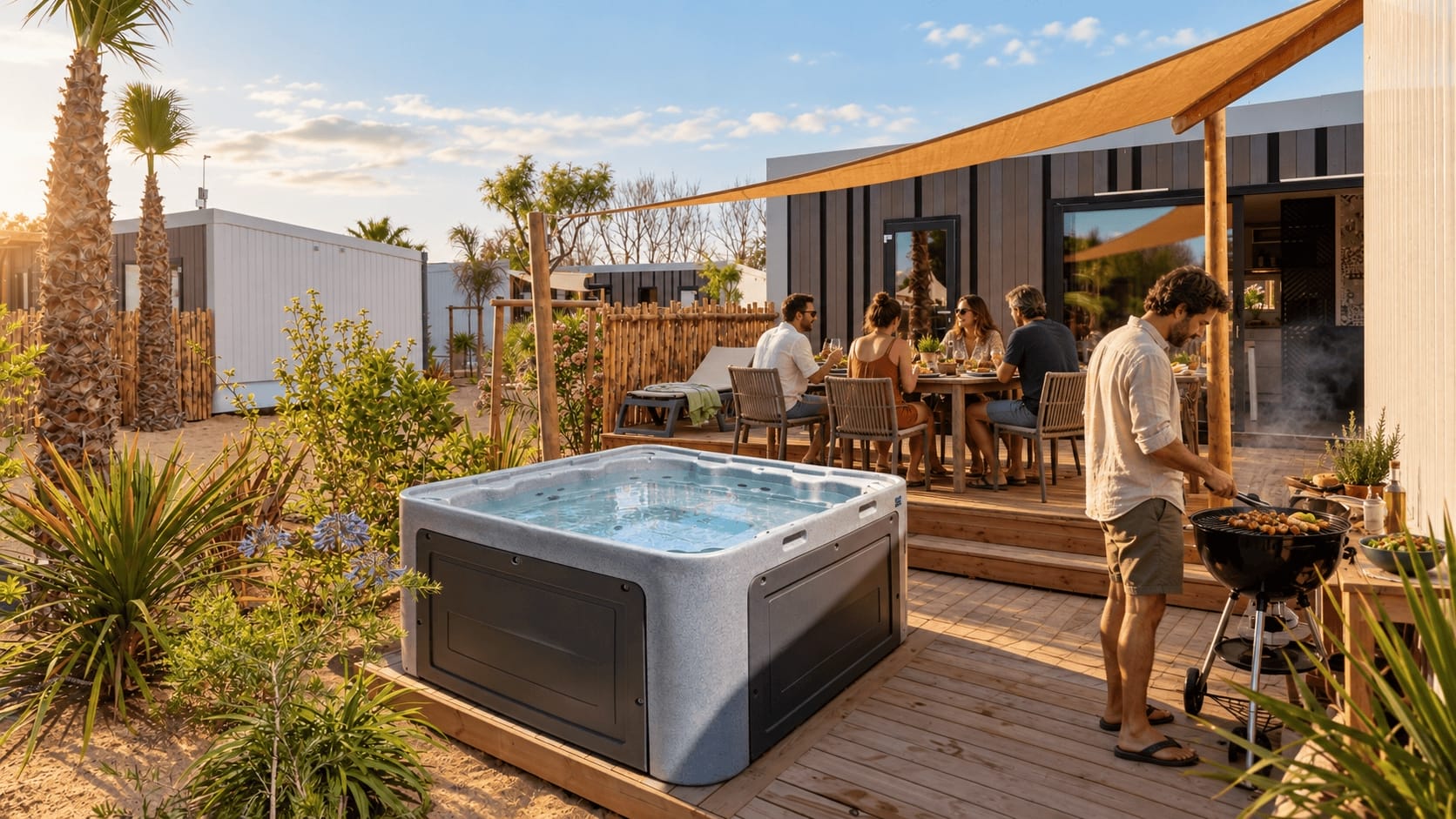 Spa Français installé sur une terrasse en bois à côté d’un barbecue lors d’un repas convivial